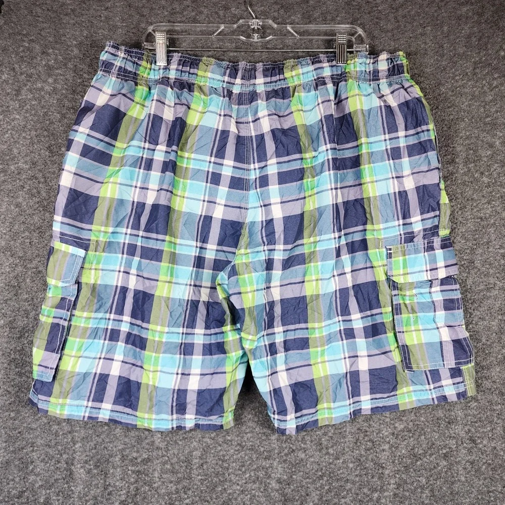 Kanu Surf Swim Trunks Men XXL Blue Green Plaid Cargo Pocket Board Shorts